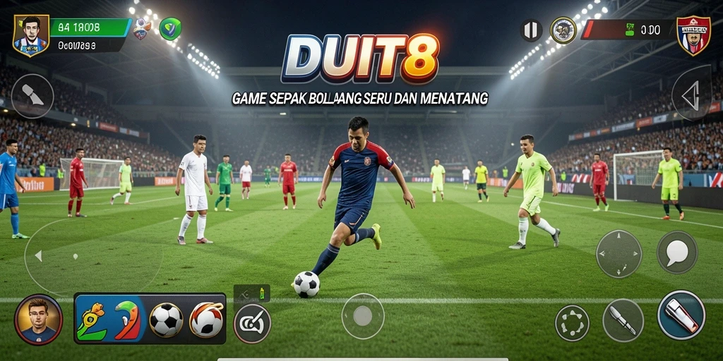 Tampilan gameplay seru dalam DUIT8 dengan aksi sepak bola yang mendebarkan.