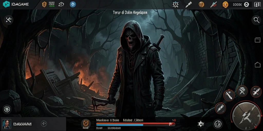 Screenshot gameplay menakutkan dari IDAGAME dengan efek visual yang dramatis.