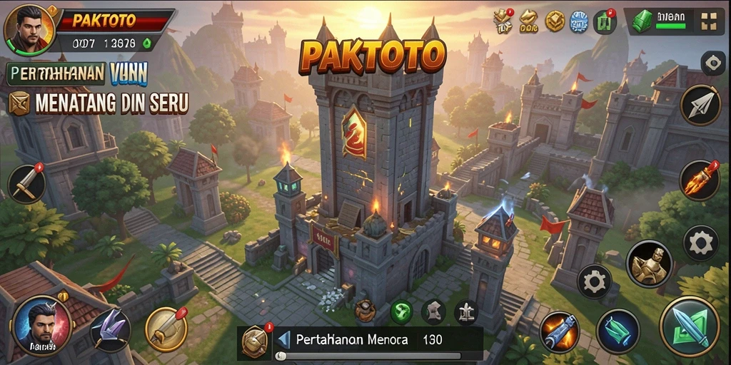 Screenshot gameplay PAKTOTO menampilkan serangan menara yang strategis.