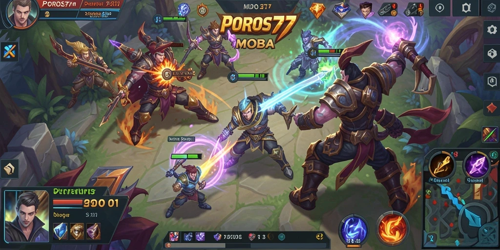 Tangkapan layar menunjukkan aksi seru gameplay MOBA di POROS77.
