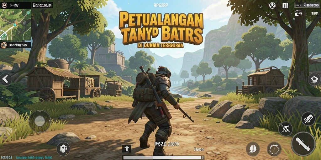 Screenshot menunjukkan karakter utama sedang menjelajahi dunia terbuka yang luas.